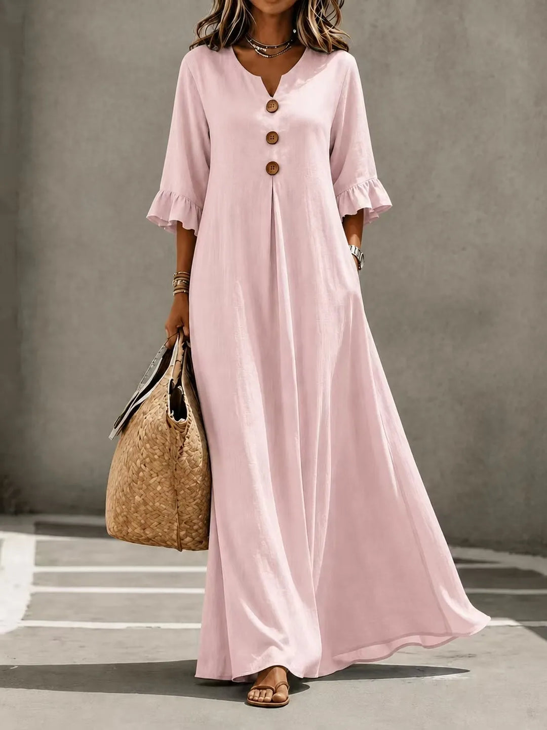 Vesperelle - Soft-Touch Printed V-Neck Maxi Dress