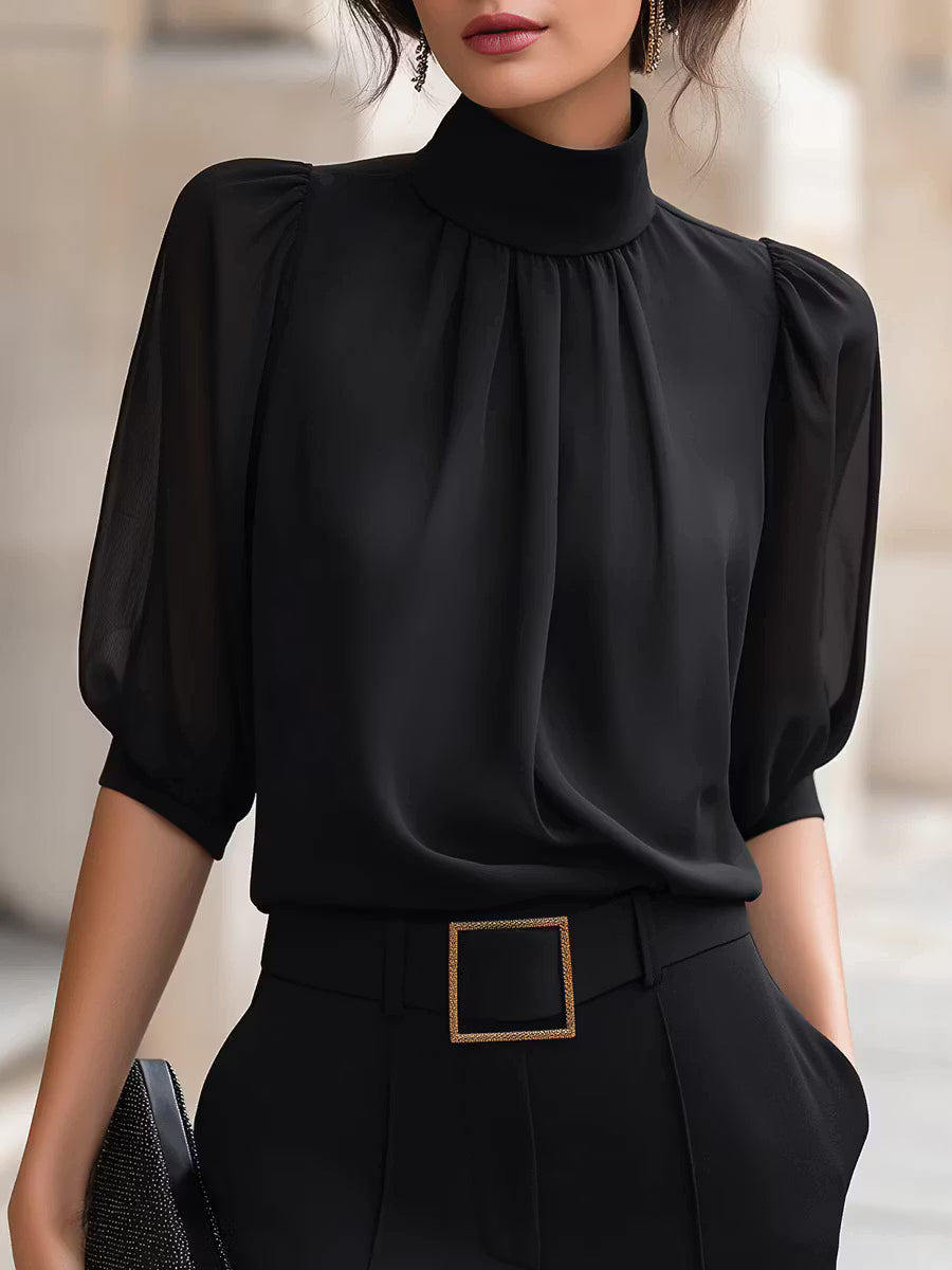 Valessique - Pleated High Neck Blouse
