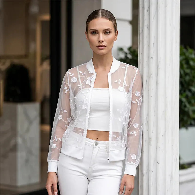 Aderisse - Sheer Floral Zip Cardigan