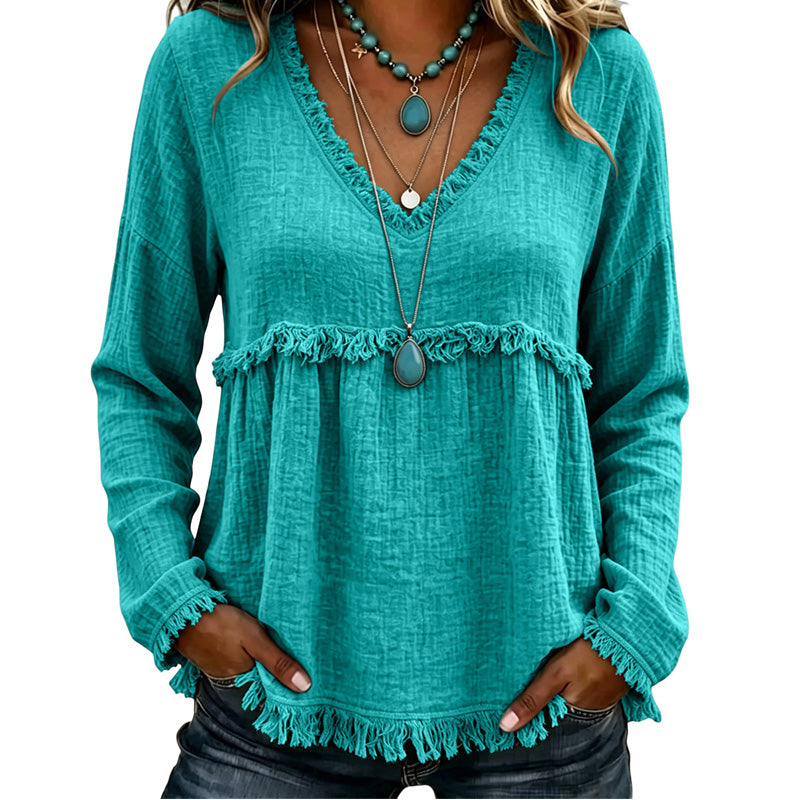 Ariselle - Fringe Trim V-Neck Blouse