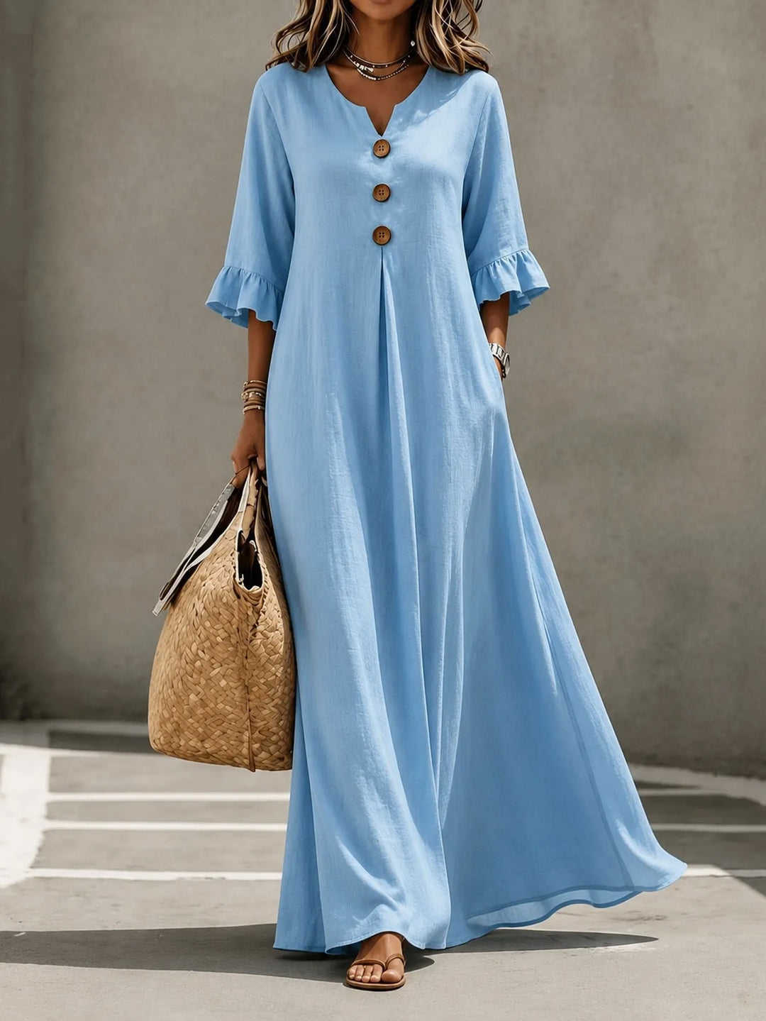 Vesperelle - Soft-Touch Printed V-Neck Maxi Dress