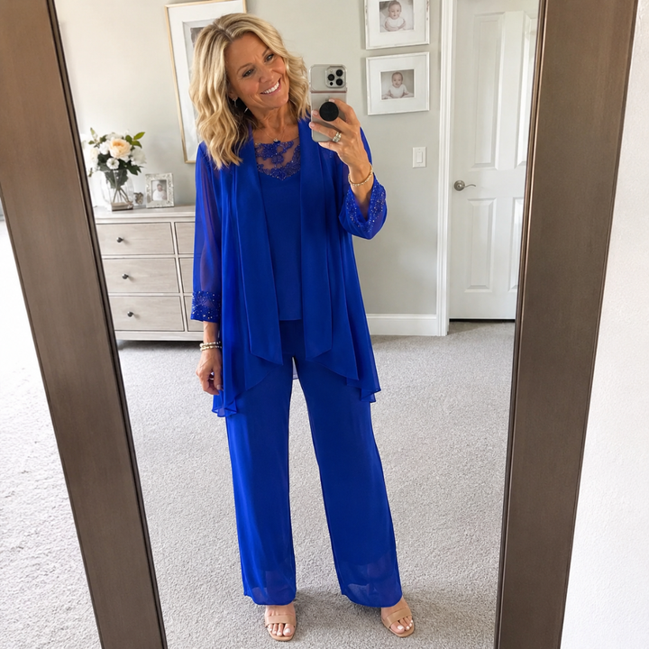 Aeliana - Elegant Three-Piece Jacket & Wide-Leg Trouser Set