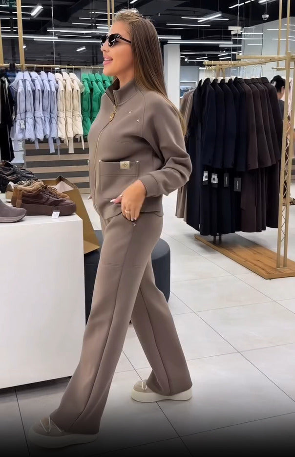 Floranique - Soft-Touch Zip-Up Cropped Jacket & Wide-Leg Trousers Set