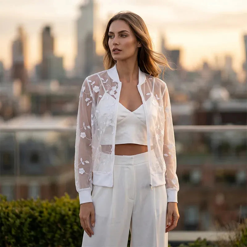 Aderisse - Sheer Floral Zip Cardigan