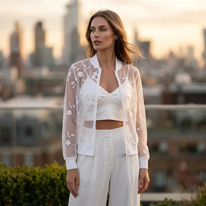 Aderisse - Sheer Floral Zip Cardigan