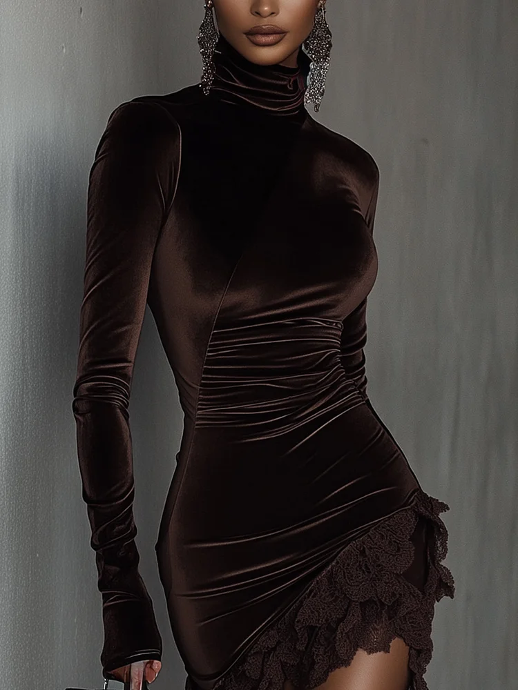 Arcelisse - Velvet Lace Turtleneck Mini Dress