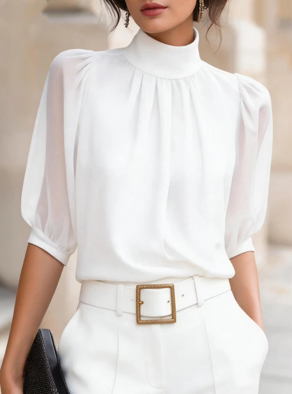 Valessique - Pleated High Neck Blouse