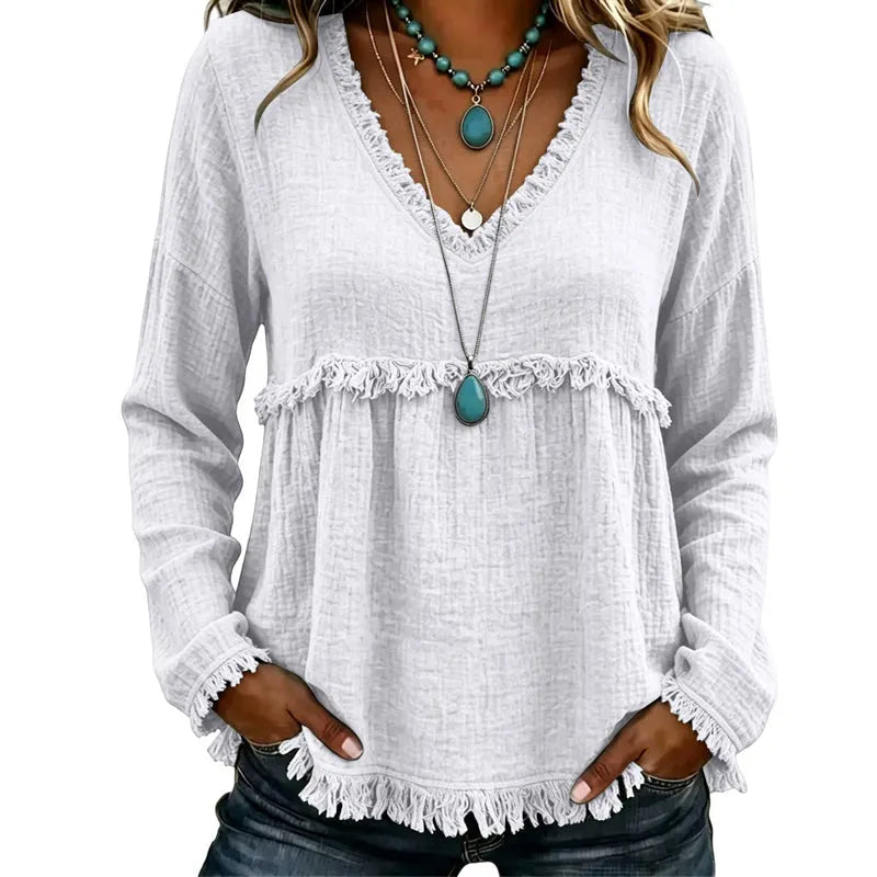 Ariselle - Fringe Trim V-Neck Blouse