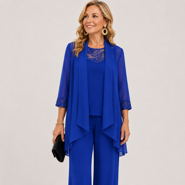 Aeliana - Elegant Three-Piece Jacket & Wide-Leg Trouser Set