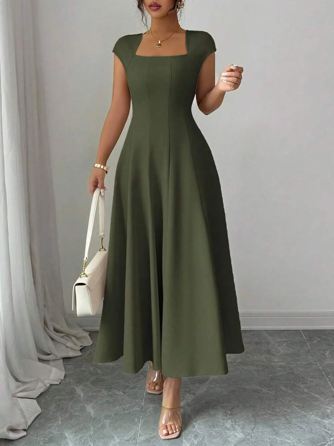 Ysolenne - Soft-Touch Square-Neck Midi Dress