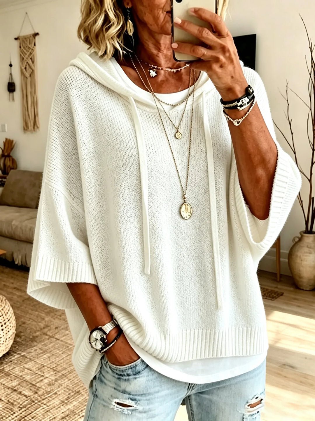 Celandria - Soft-Touch Oversized Short-Sleeve Hoodie