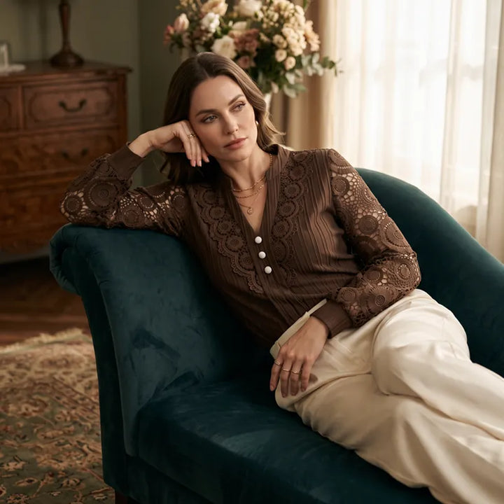 Brinoria - Lace Sleeve V-Neck Blouse