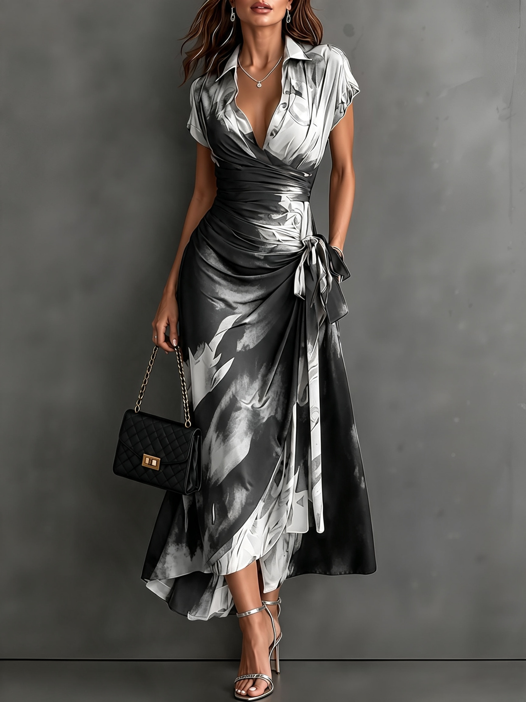 Roselle - Silky-Drape Shirt-Collar Maxi Dress
