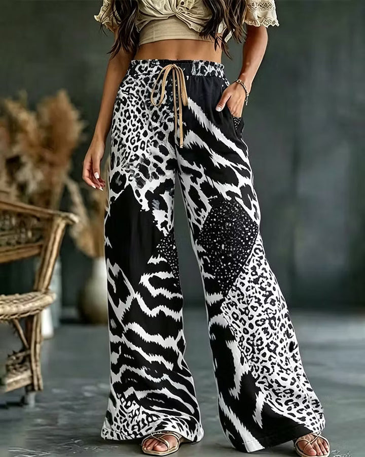 Elfrida - Soft-Touch Leopard Patchwork Wide-Leg Trousers