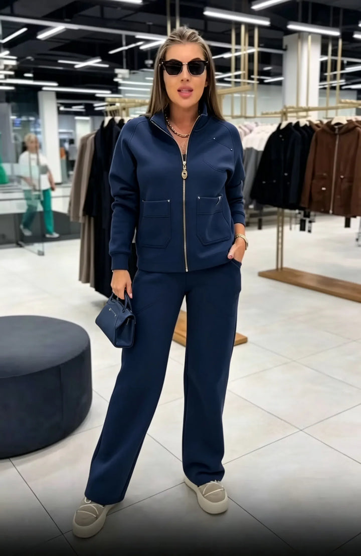 Floranique - Soft-Touch Zip-Up Cropped Jacket & Wide-Leg Trousers Set