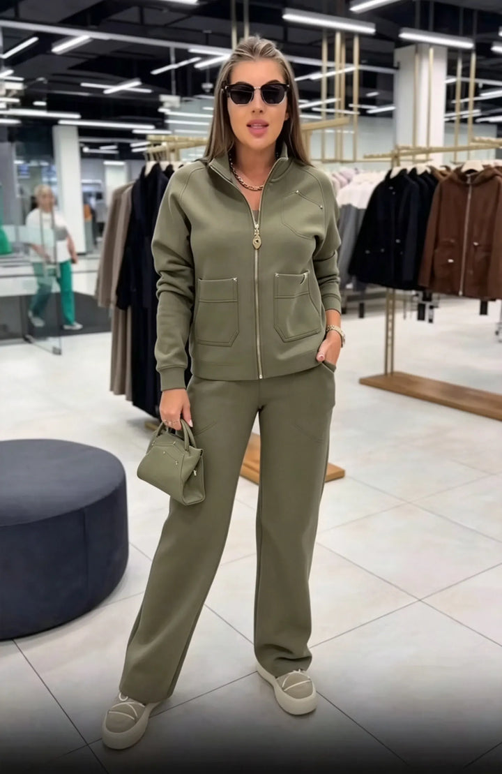 Floranique - Soft-Touch Zip-Up Cropped Jacket & Wide-Leg Trousers Set