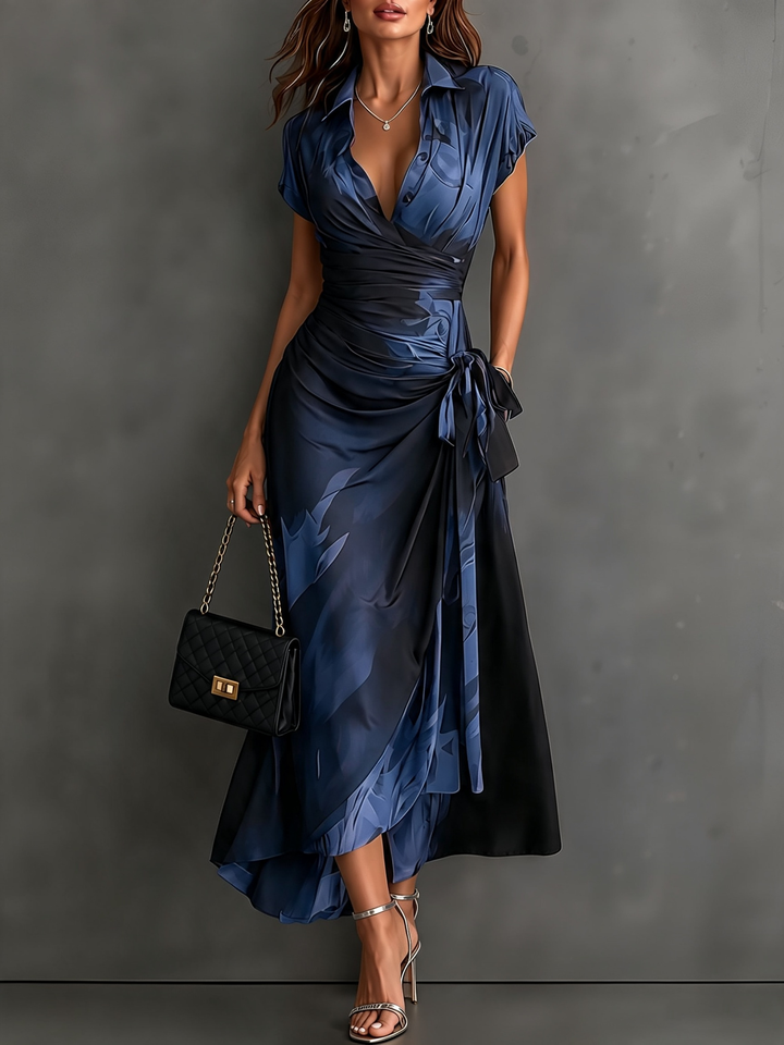 Roselle - Silky-Drape Shirt-Collar Maxi Dress