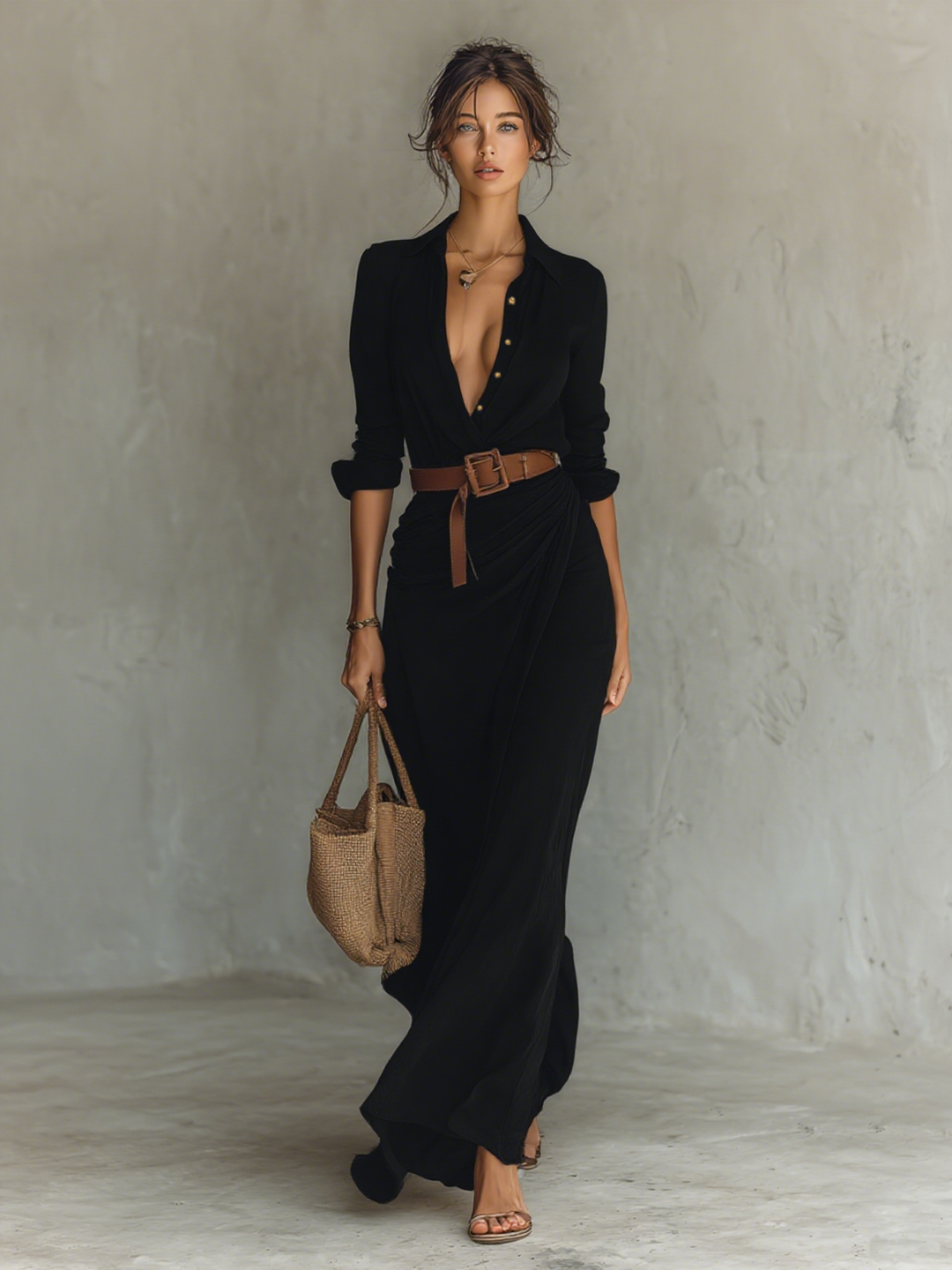 Calantha - Soft-Touch Belted Maxi Shirt Dress