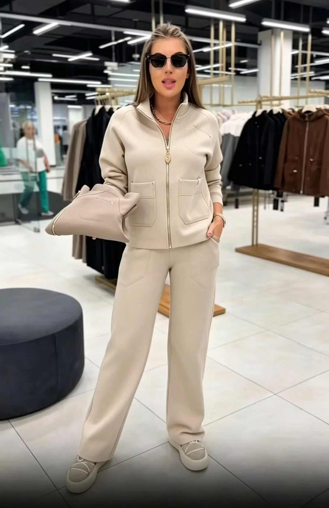 Floranique - Soft-Touch Zip-Up Cropped Jacket & Wide-Leg Trousers Set