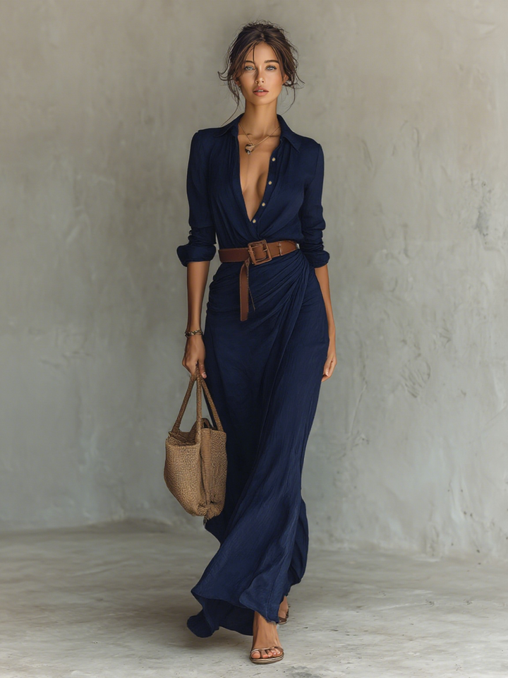Calantha - Soft-Touch Belted Maxi Shirt Dress