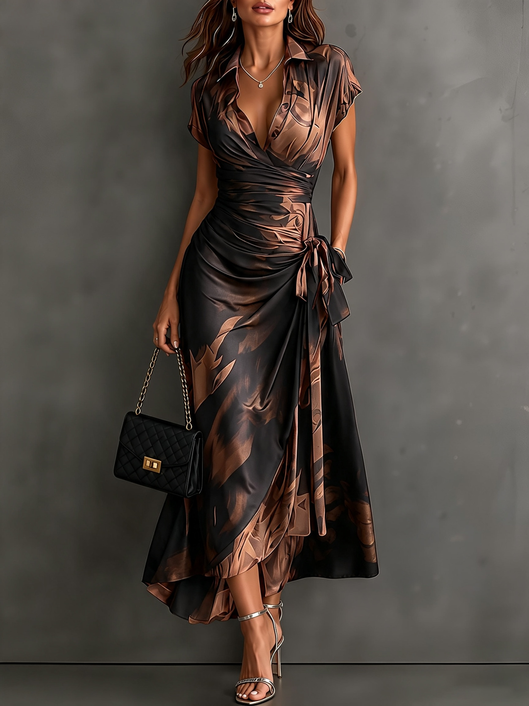 Roselle - Silky-Drape Shirt-Collar Maxi Dress