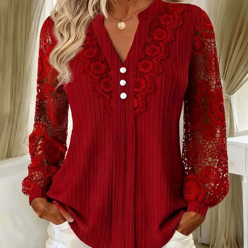 Caravelle - Pleated Lace Long Sleeve Blouse