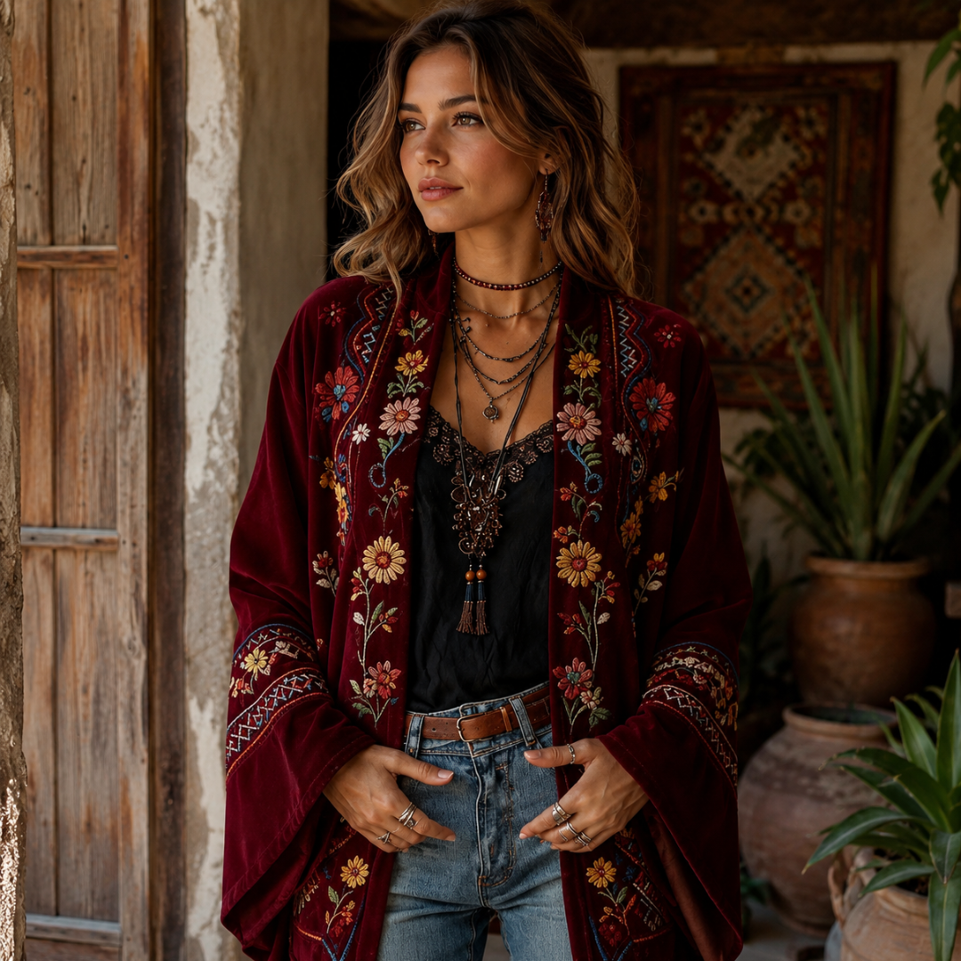 Eudocia - Boho Embroidered Kimono Cardigan