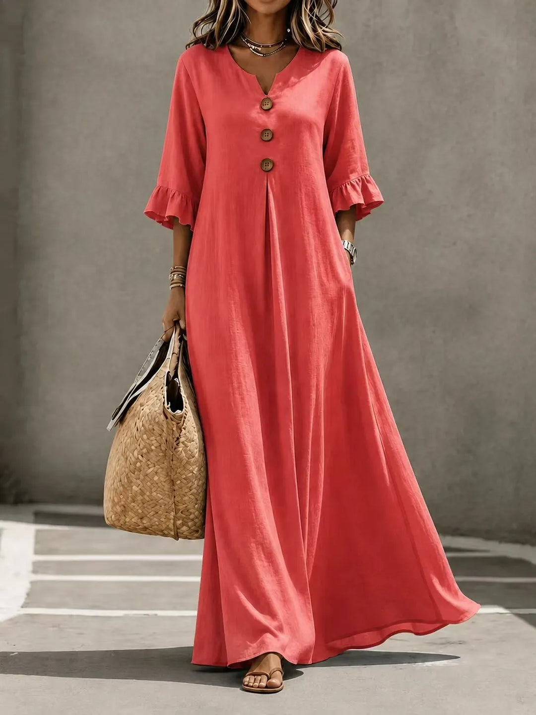 Vesperelle - Soft-Touch Printed V-Neck Maxi Dress