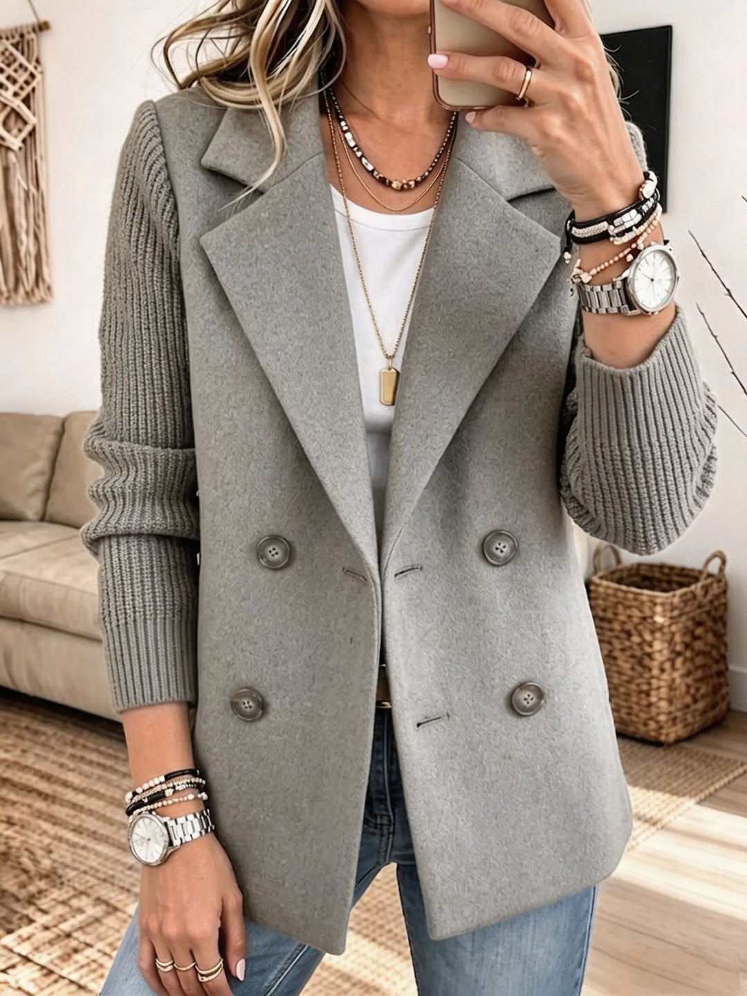 Adalene - Knit Sleeve Double Breasted Blazer
