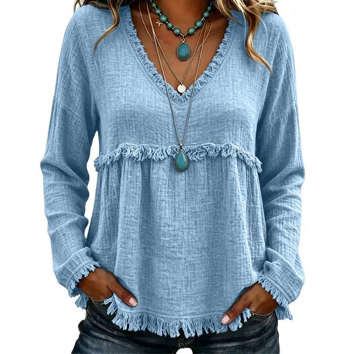 Ariselle - Fringe Trim V-Neck Blouse