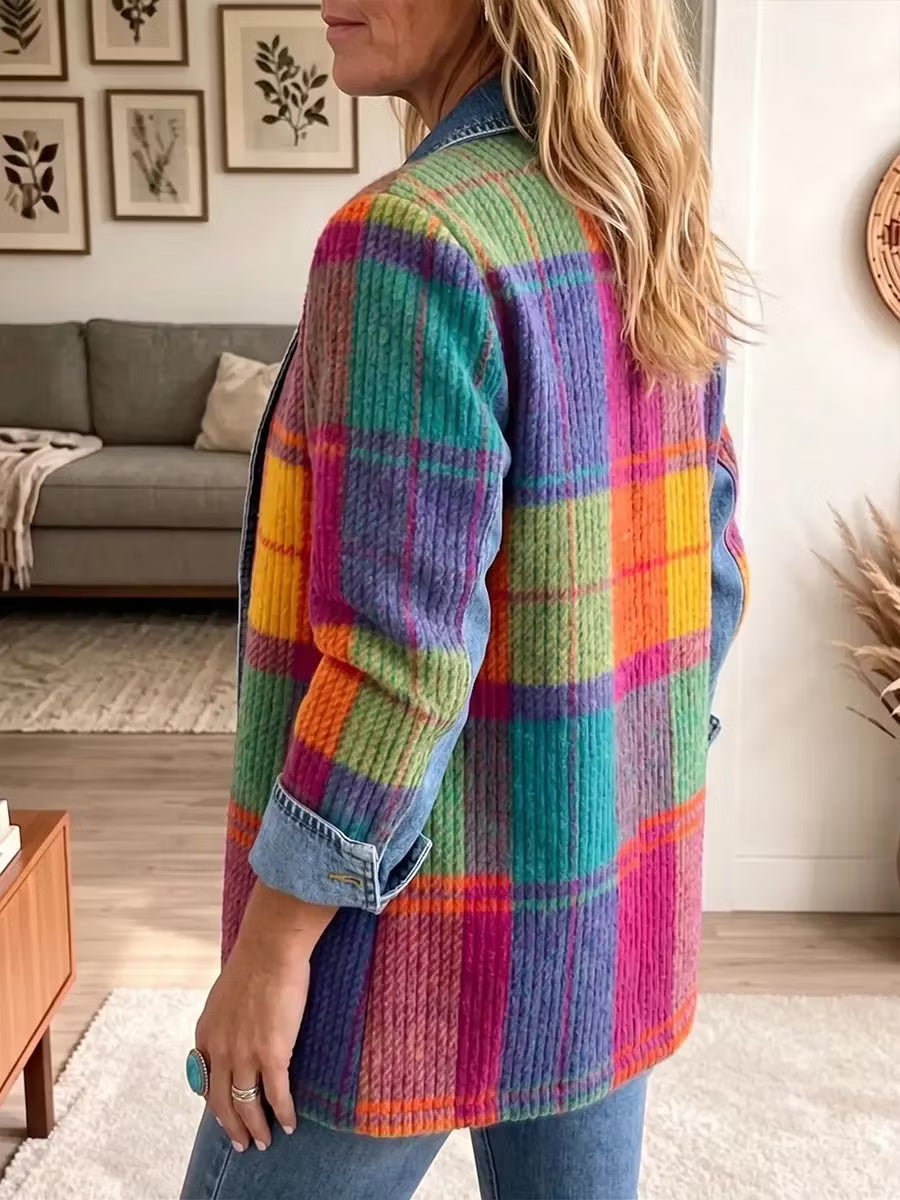 Sasha - Colourful Plaid Knit Denim Jacket