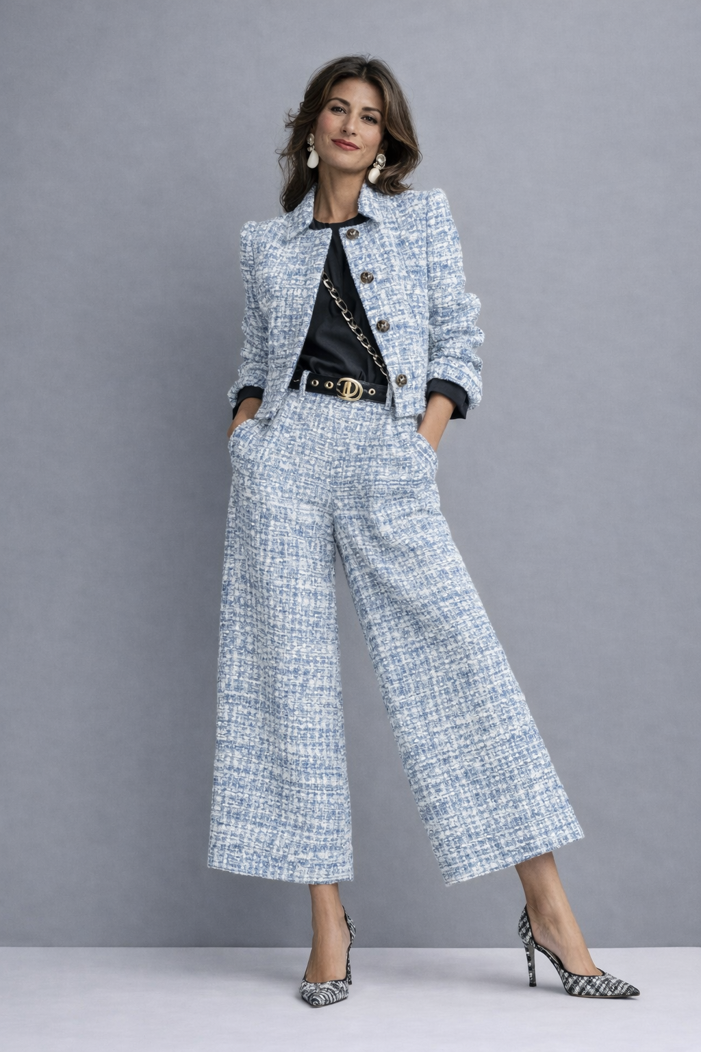 Norabel - Textured Cropped Jacket & Wide-Leg Trousers Set