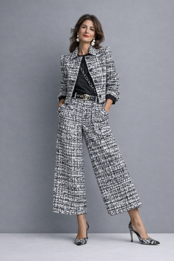 Norabel - Textured Cropped Jacket & Wide-Leg Trousers Set