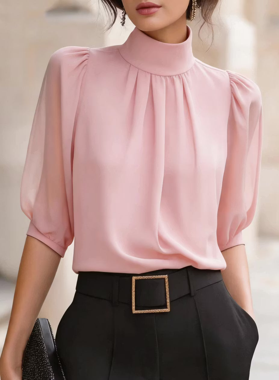 Valessique - Pleated High Neck Blouse