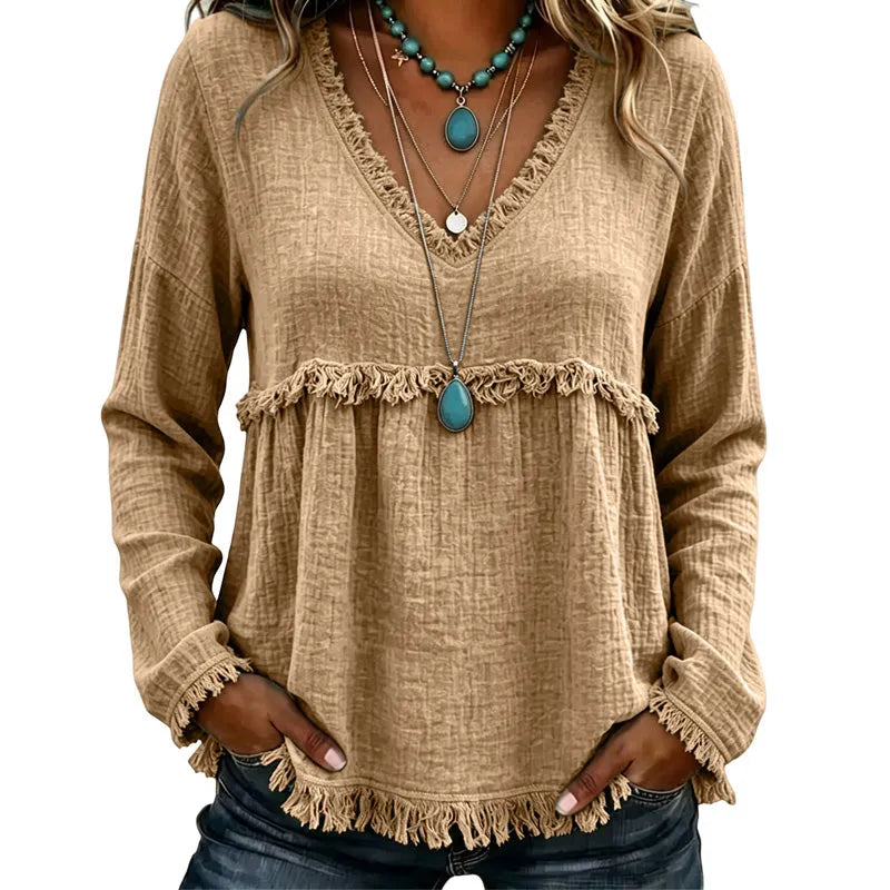 Ariselle - Fringe Trim V-Neck Blouse