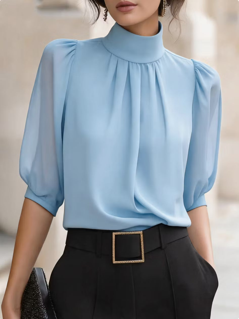 Valessique - Pleated High Neck Blouse