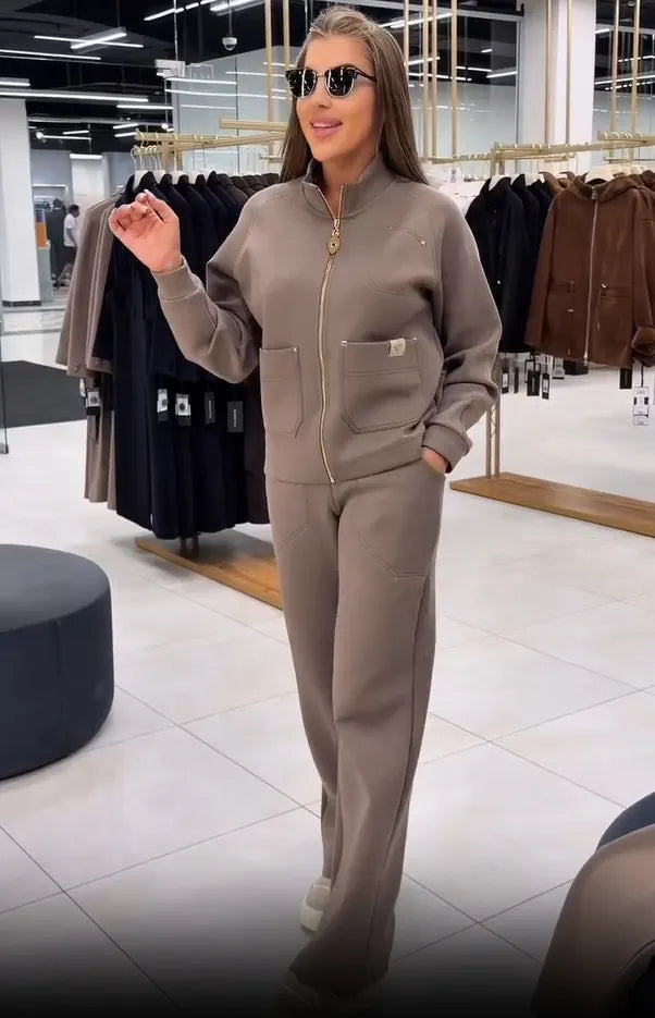 Floranique - Soft-Touch Zip-Up Cropped Jacket & Wide-Leg Trousers Set