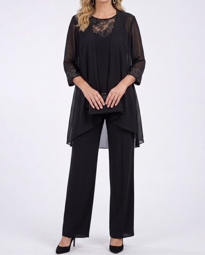 Aeliana - Elegant Three-Piece Jacket & Wide-Leg Trouser Set