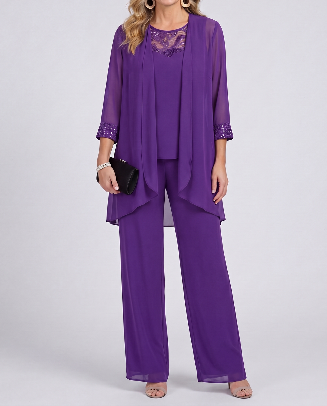 Aeliana - Elegant Three-Piece Jacket & Wide-Leg Trouser Set