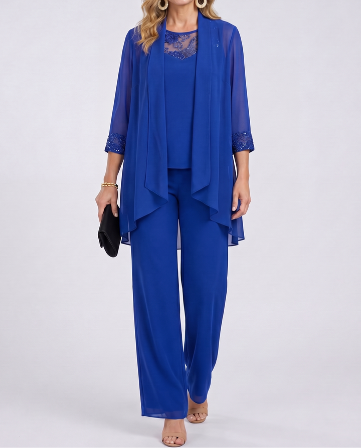 Aeliana - Elegant Three-Piece Jacket & Wide-Leg Trouser Set