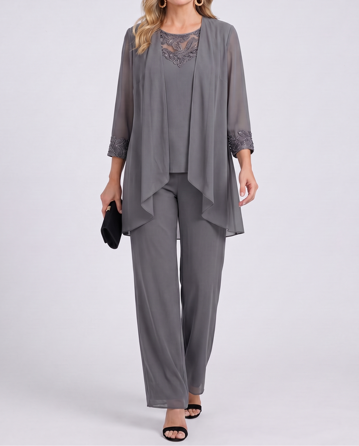 Aeliana - Elegant Three-Piece Jacket & Wide-Leg Trouser Set