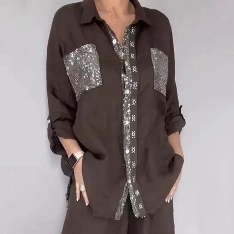 Oriavelle - Luxe Sequined Blouse & Trousers Set