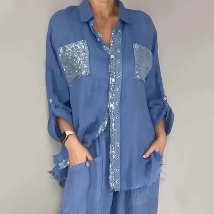 Oriavelle - Luxe Sequined Blouse & Trousers Set