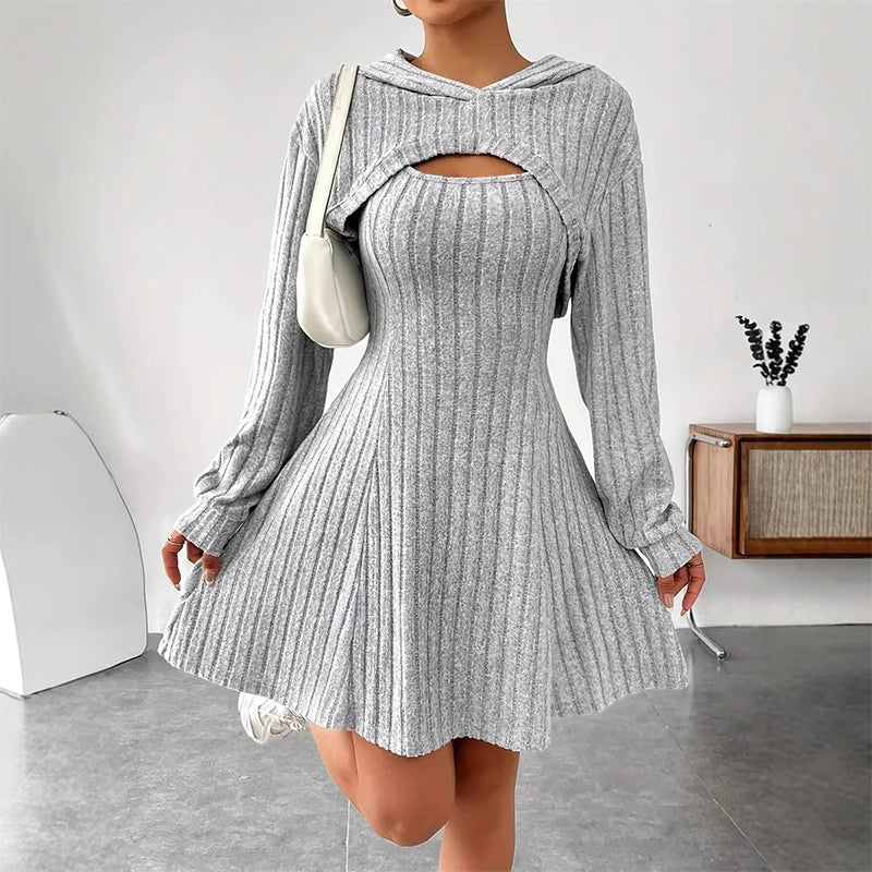 Mirellia - Hooded Cutout Knit Mini Dress