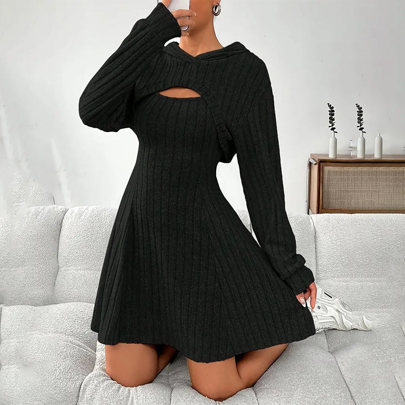 Mirellia - Hooded Cutout Knit Mini Dress