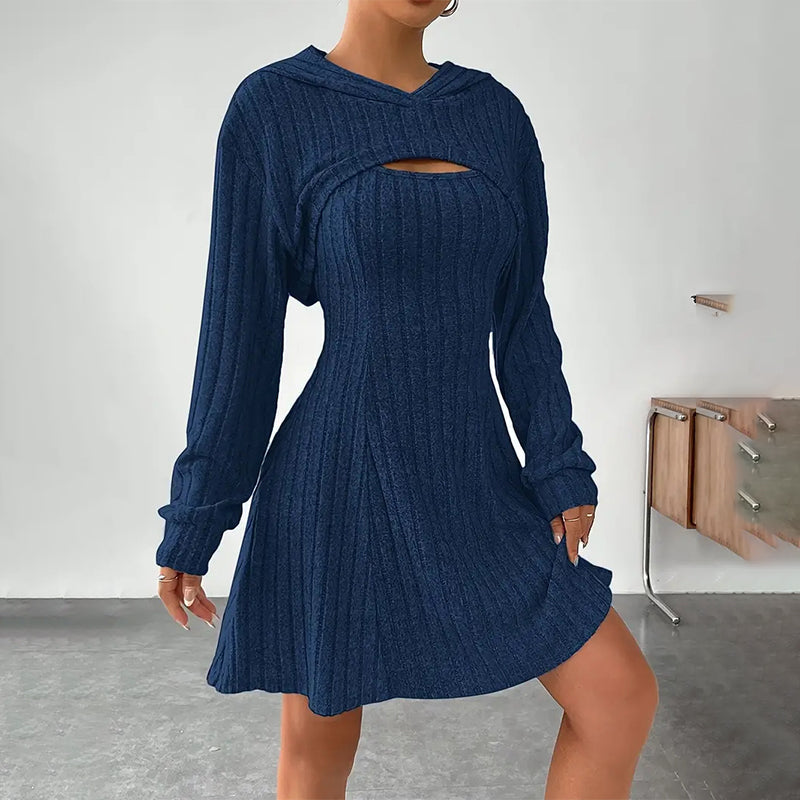 Mirellia - Hooded Cutout Knit Mini Dress