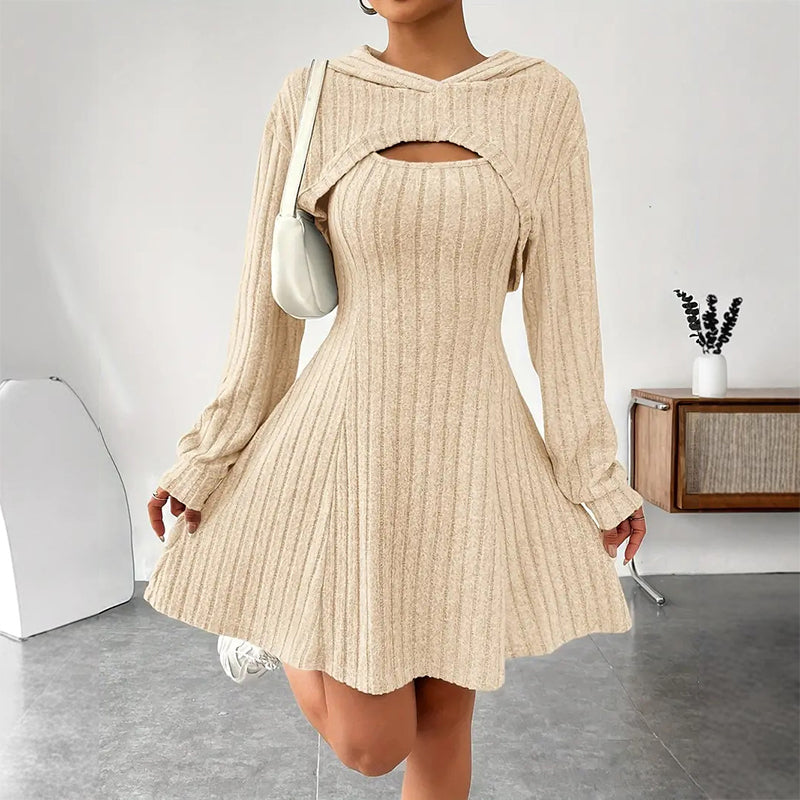 Mirellia - Hooded Cutout Knit Mini Dress