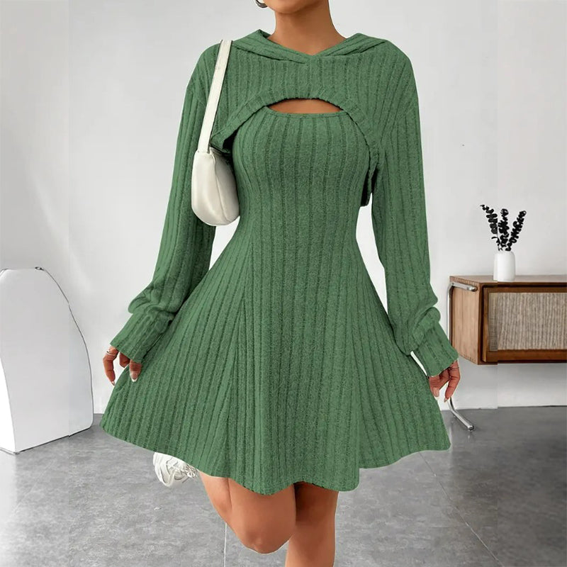 Mirellia - Hooded Cutout Knit Mini Dress